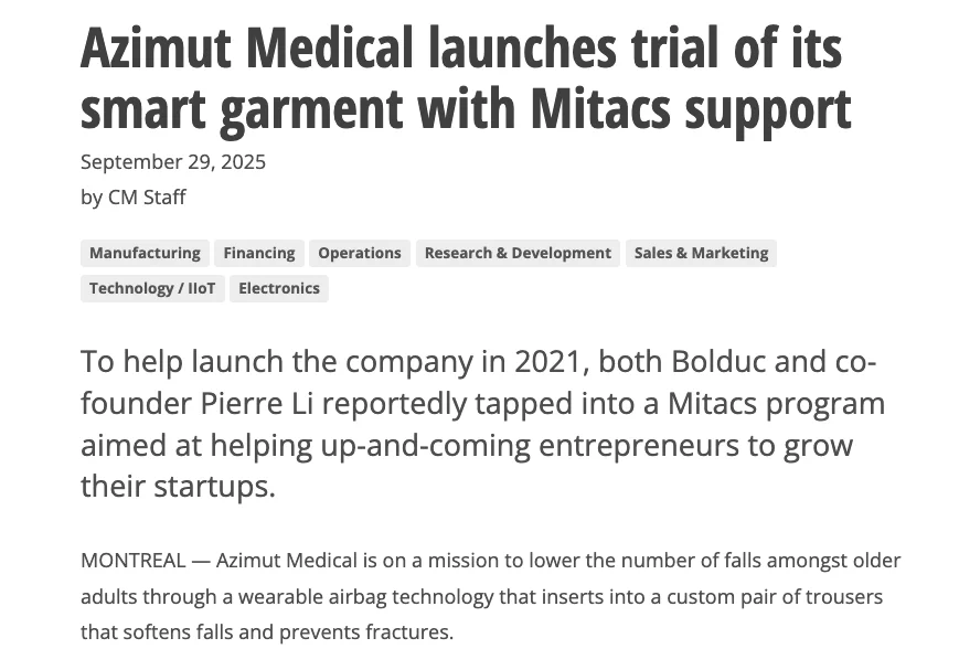 Article de Canadian Manufacturing sur le lancement de l'essai clinique d'Azimut Medical avec le soutien de Mitacs.