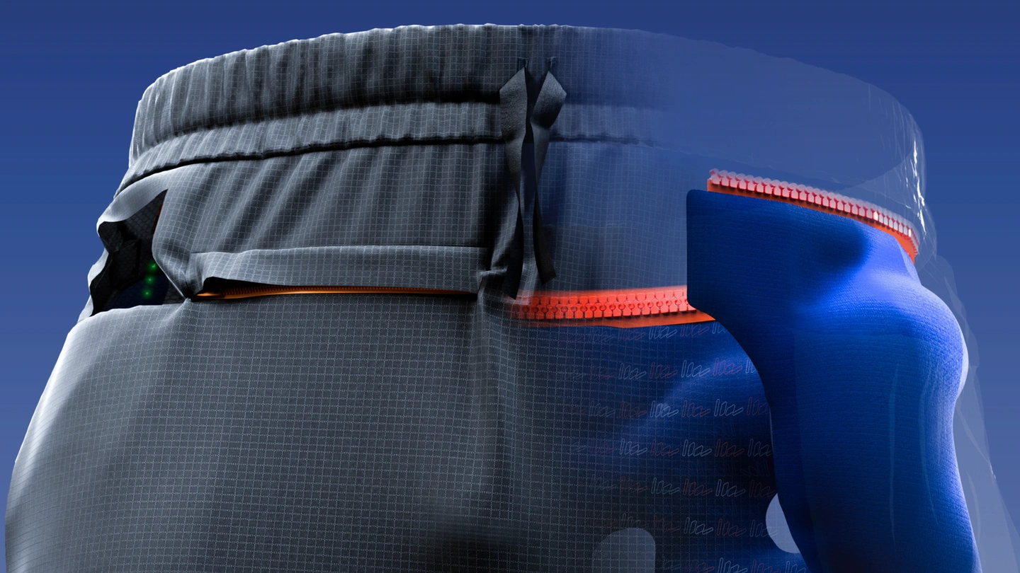 Rendu 3D du pantalon Air-Sequr, avec un panneau transparent qui montre la protection gonflable de la hanche.