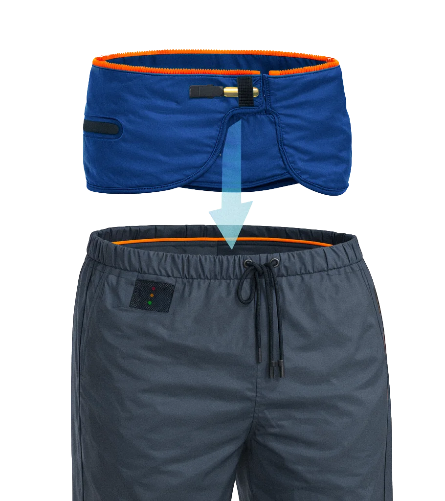 Air-Sequr device being inserted into a regular pair of pants, demonstrating invisible fit