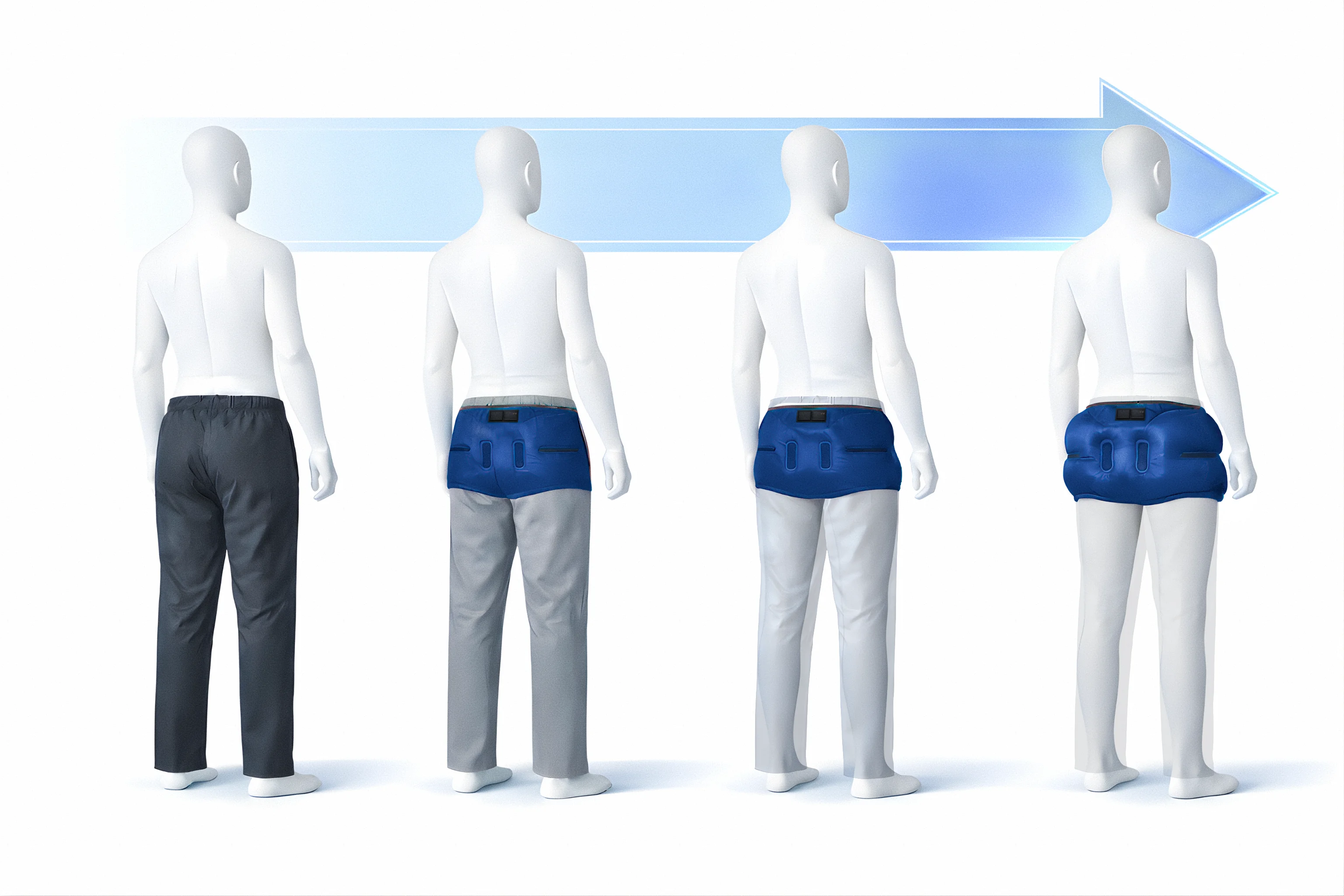 Four-stage sequence showing Air-Sequr concealed under pants, then progressively deploying its airbags upon a fall